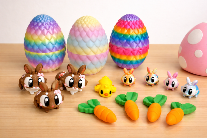 Articulated Bunny, Chick &amp; Carrot Figurines | 3D Printed Easter Egg Trinket Container | Sensory Play Friends