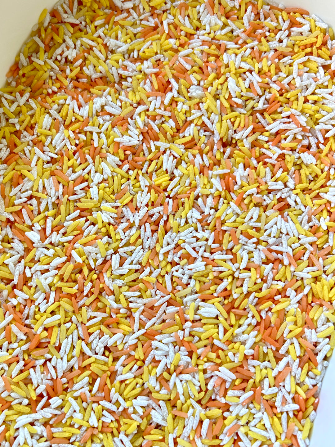 Candy Corn Craze Sensory Filler | Halloween Sensory Rice Mix with Handpainted Pasta