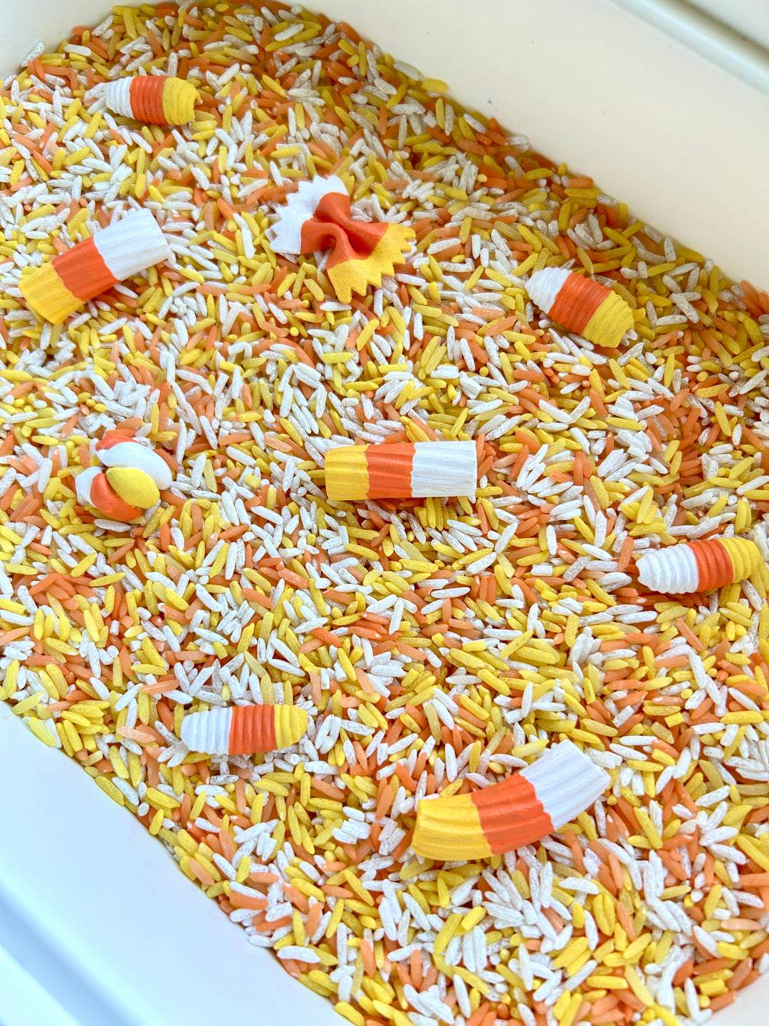 Candy Corn Craze Sensory Filler | Halloween Sensory Rice Mix with Handpainted Pasta