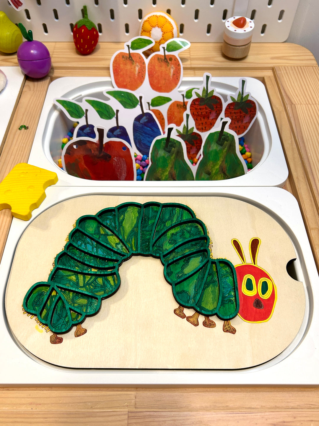 Small Hungry Caterpillar TROFAST Lid | Wooden Flisat Sensory Table Insert | Fillable Learning Tray | Pretend Play | Montessori Activity