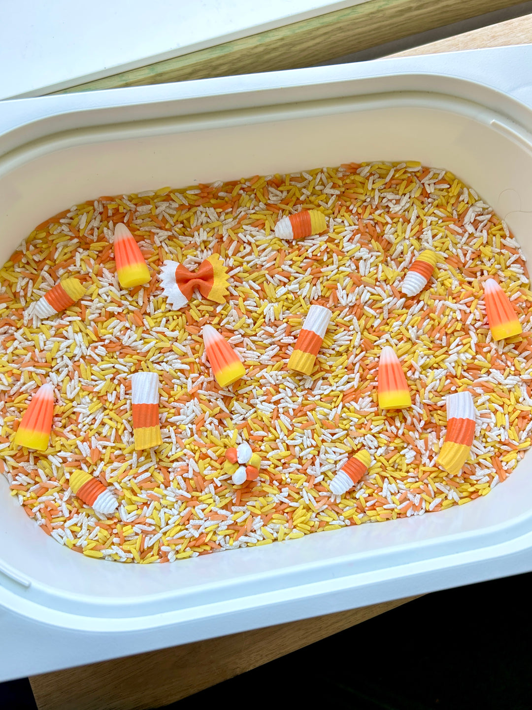 Candy Corn Craze Sensory Filler | Halloween Sensory Rice Mix with Handpainted Pasta