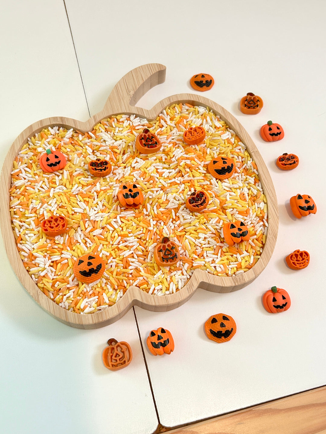 Jack O’ Lanterns Sensory Filler | Halloween Rice Mix with Handpainted Pasta