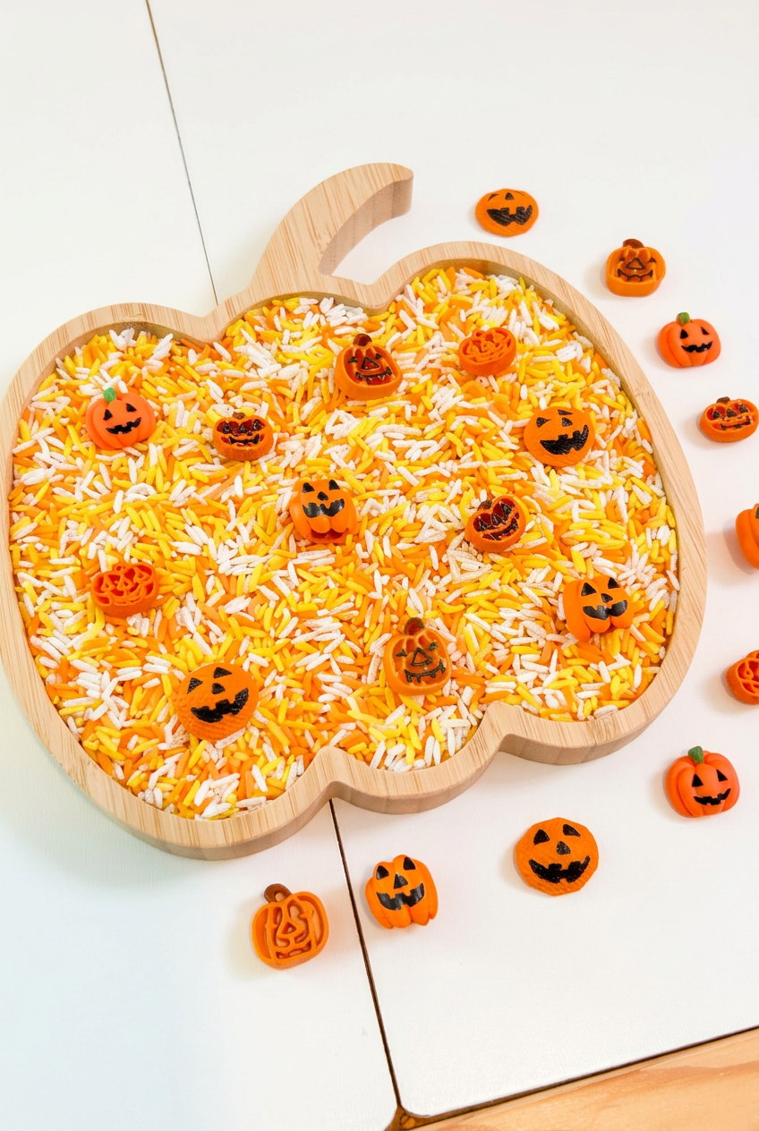 Jack O’ Lanterns Sensory Filler | Halloween Rice Mix with Handpainted Pasta