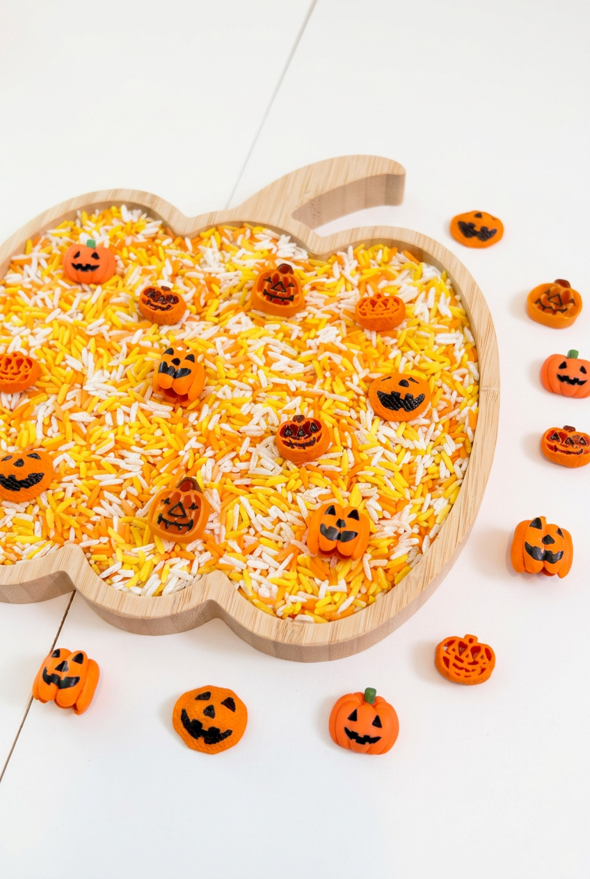 Jack O’ Lanterns Sensory Filler | Halloween Rice Mix with Handpainted Pasta