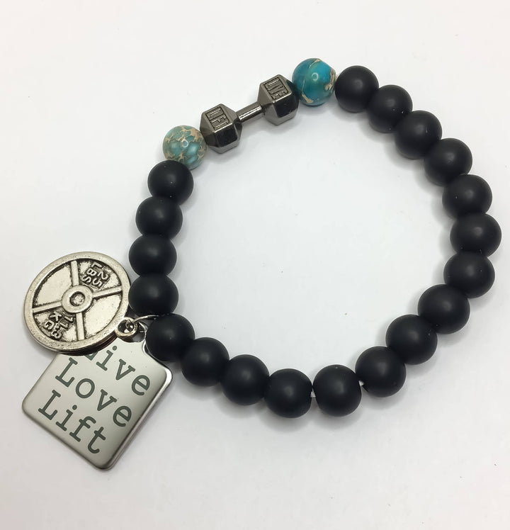 Bracelet de fitness LIVE, LIFT, Bijou d'haltérophilie, Bracelet de gym, Bijou de fitness, Bracelet haltère à perles, Cadeau pour coach sportif