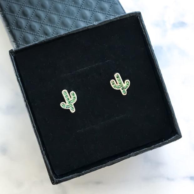 Green Cactus Stud Earrings, Sterling Silver Earrings, Cute Cacti Earrings, Dainty Christmas Gift, Desert Jewelry, Gift for Daughter