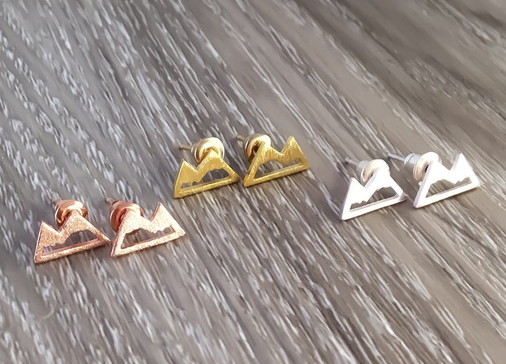 Mountain Peak Stud Earrings, Winter, Silver, Rose Gold