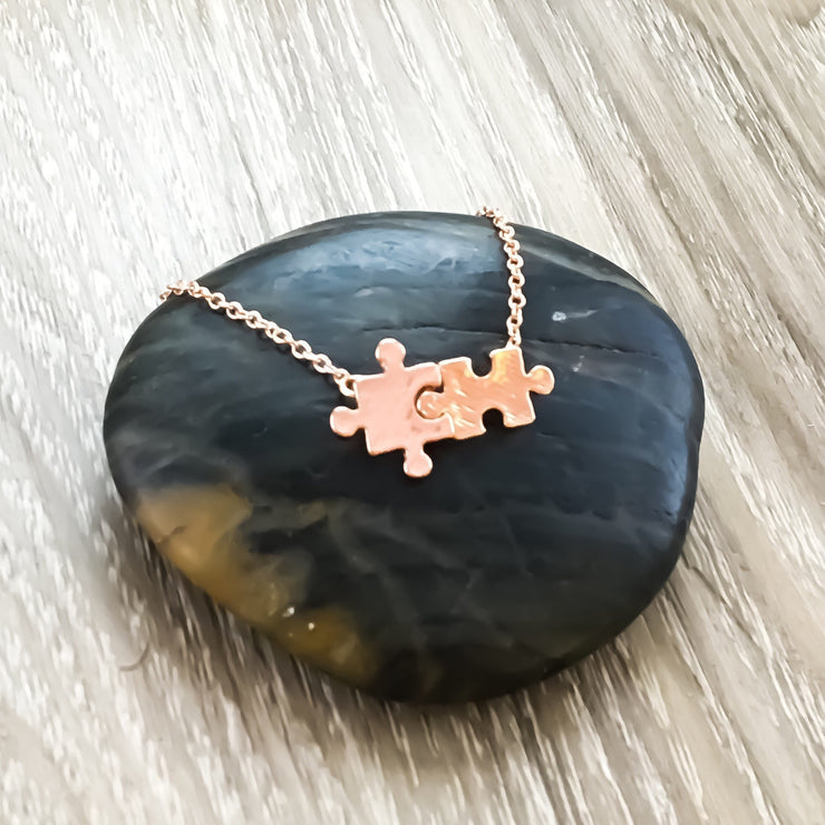 Autism Awareness, Teacher, Tiny Double Puzzle Necklace with Card, Rose Gold, Silver