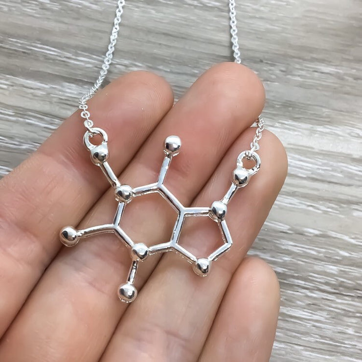 Caffeine Molecule Necklace, Powered By Caffeine, Caffeine Addict Gift, Molecular Jewelry, Coffee Gift, Coffee Jewelry, Motherhood Gift