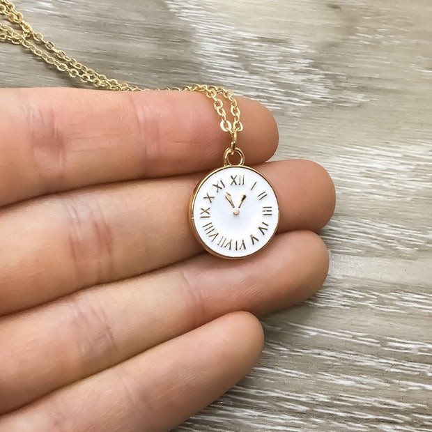 Tiny Gold Clock Necklace, Pocket Watch Pendant, Minimalist Geometric Jewelry, Dainty Necklace, Inspirational Gifts, Gift for Her, Birthday