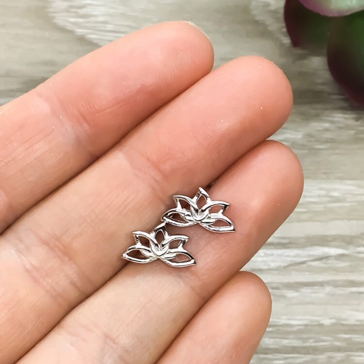 Lotus Flower Stud Earrings, Sterling Silver, Floral, Yoga