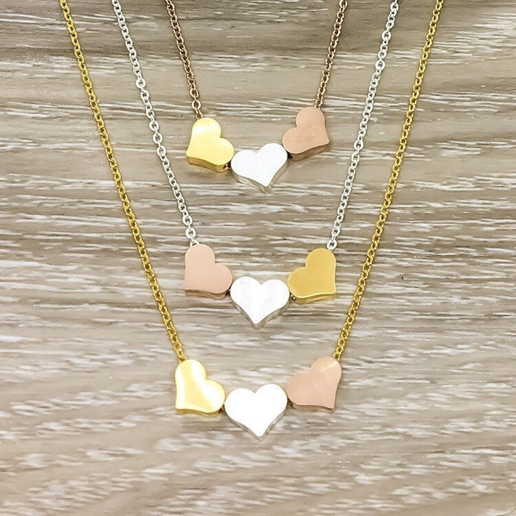 Side By Side or Miles Apart Sisters Gift, 3 Heart Necklace, Connected by the Heart, Gift from Sister, Sorority Jewelry, Dainty Heart Pendant