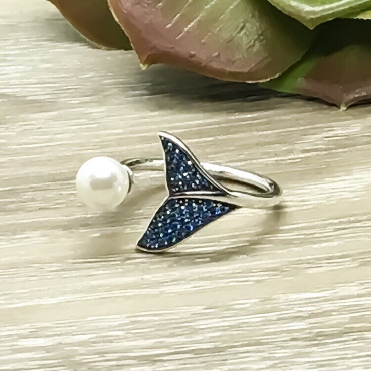 Blue Fish Tail Ring with Pearl, Mermaid, Statement Ring, Sterling Silver
