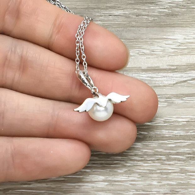 Sorry For Your Loss Card, Sterling Silver Pearl Angel Pendant, Tiny Angel Necklace, Remembrance Gift, Bereavement Gift for Women