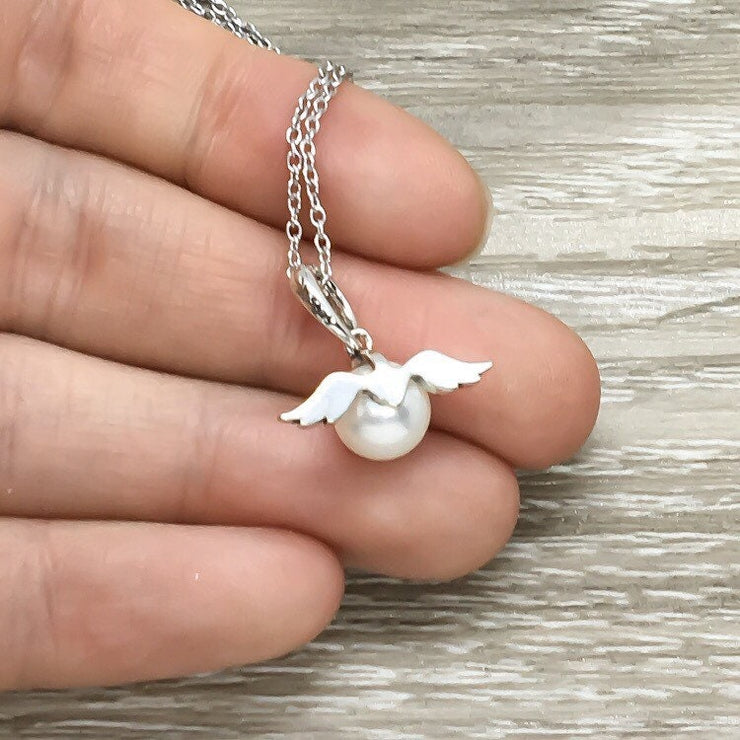 Sorry For Your Loss Card, Sterling Silver Pearl Angel Pendant, Tiny Angel Necklace, Remembrance Gift, Bereavement Gift for Women