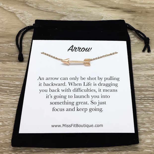 Inspirational, Sideways Arrow Necklace with Card, Rose Gold, Silver