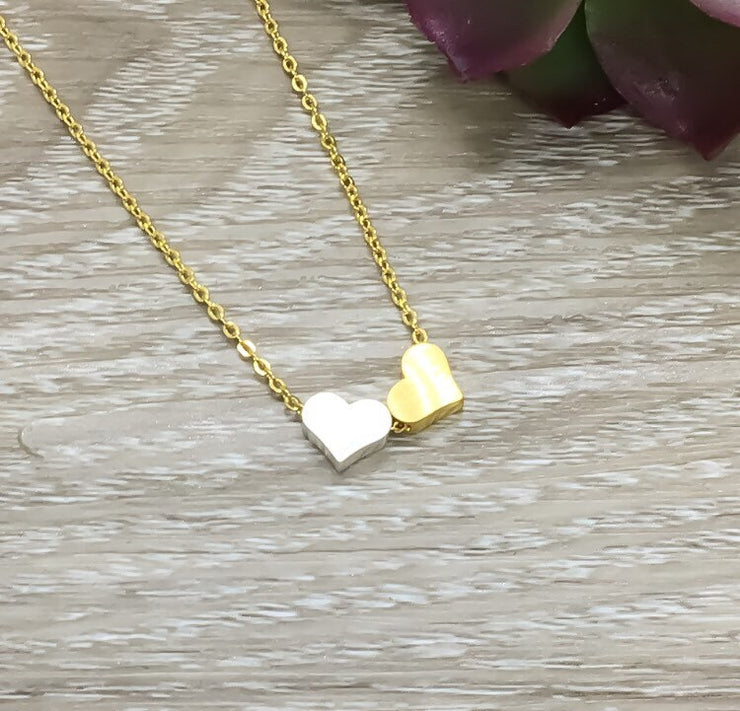 Side by Side, Sisters, Two Heart Necklace with Card, Rose Gold, Silver