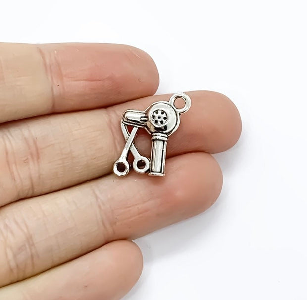 1 Tiny Blowdryer and Scissors Charm, Salon Charms, Individual Charm, Hair Stylist Gift, Girlie Charm, Teen Girl Charm, Gift for Hair Dresser