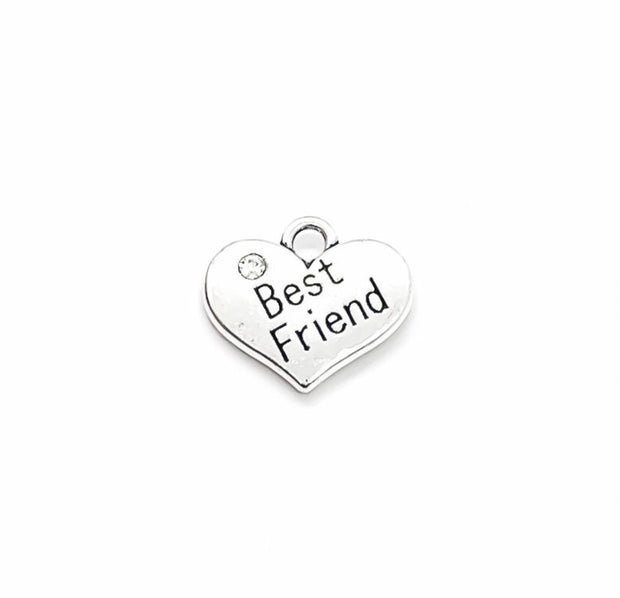 1 Best Friend Charm, Heart-Shaped Charm, Antique Silver Charm with Rhinestone, Individual Charms, BFF Charm, Gift for Bestie, DIY Jewelry