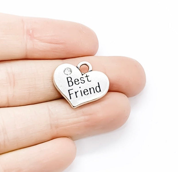 1 Best Friend Charm, Heart-Shaped Charm, Antique Silver Charm with Rhinestone, Individual Charms, BFF Charm, Gift for Bestie, DIY Jewelry