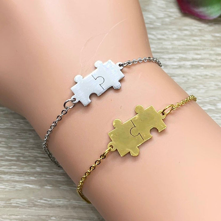 Double Puzzle Bracelet, Autism Awareness Gift, Dainty Jigsaw Chain Bracelet, Mother’s Day Gift, Gift for Special Education Teacher