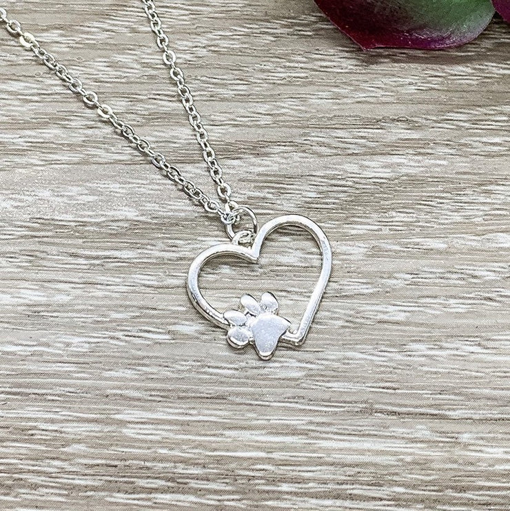 Paw Print Heart Necklace, Dainty Paw Pendant Silver, Minimal Pet Jewelry, Cat Lover Gift, Dog Owner Gift, Paw Prints on your Heart Quote