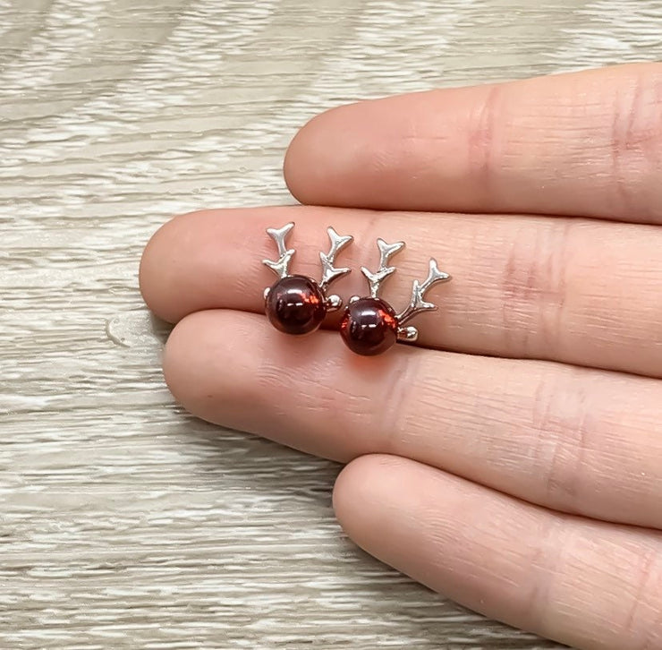 Red Reindeer Stud Earrings, Christmas Studs, Dainty Elk Earrings, Tiny Deer Antler Jewelry, Stag Earrings, Winter Jewelry, Stocking Stuffer