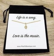 Life is a Song, Tiny Treble Clef Necklace with Card, Music Note, Musician, Gold, Silver