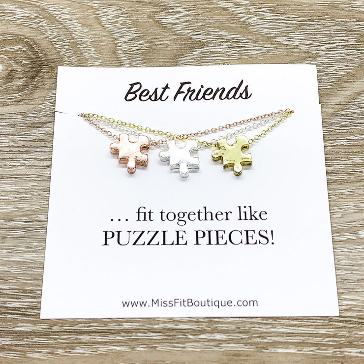 Best Friends Necklace Set for 3, Matching Puzzle Necklaces, Puzzle Jewelry Rose Gold, Friendship Quote Card, Friends Gift, Shareable Jewelry