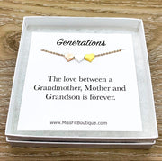 Tiny 3 Hearts Necklace with Message Card, Three Generations Gift, Grandson Mother Grandmother, Grandma Necklace, Gift from Grandson, Minimal