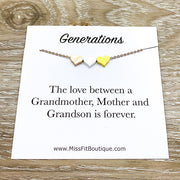 Tiny 3 Hearts Necklace with Message Card, Three Generations Gift, Grandson Mother Grandmother, Grandma Necklace, Gift from Grandson, Minimal