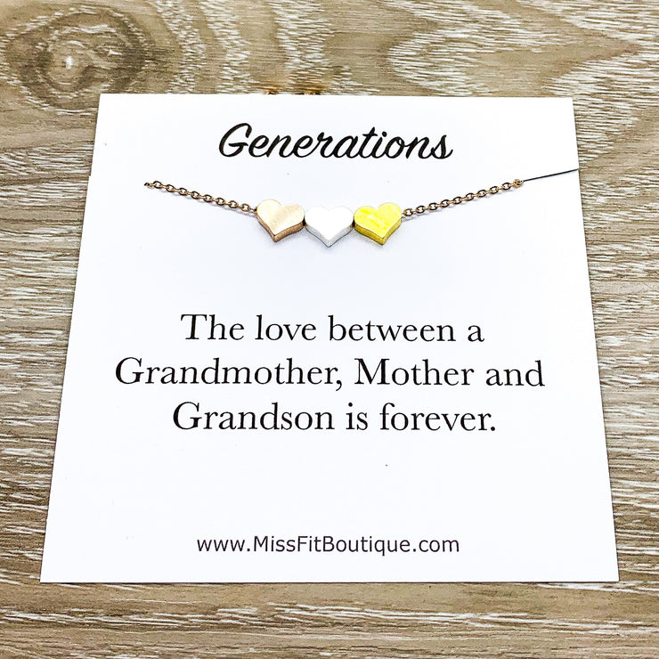 Tiny 3 Hearts Necklace with Message Card, Three Generations Gift, Grandson Mother Grandmother, Grandma Necklace, Gift from Grandson, Minimal