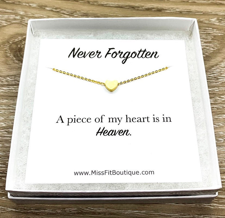 Tiny Rose Gold Heart Necklace, Piece of my Heart is in Heaven Necklace, Never Forgotten Card, Dainty Loss Jewelry, Remembrance Gift, Grief