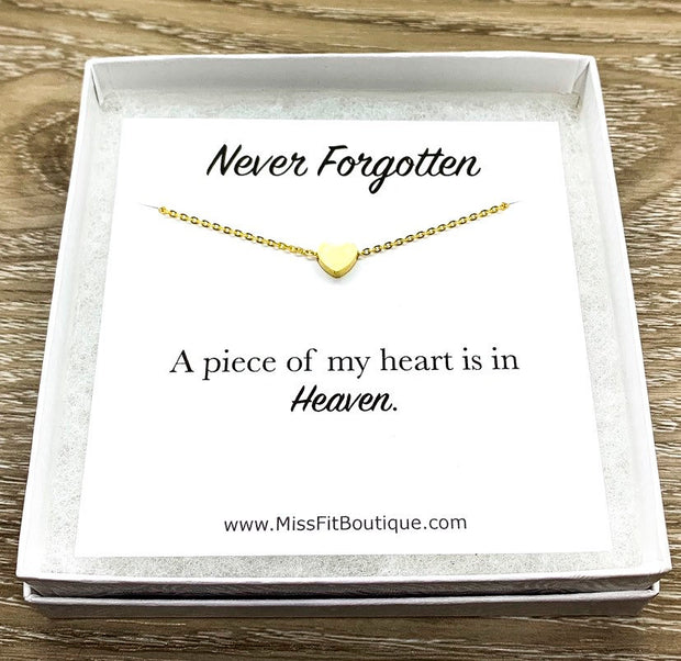 Tiny Rose Gold Heart Necklace, Piece of my Heart is in Heaven Necklace, Never Forgotten Card, Dainty Loss Jewelry, Remembrance Gift, Grief