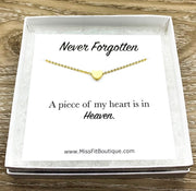 Tiny Heart Necklace, Piece of my Heart is in Heaven Card, Loss Necklace, Never Forgotten Card, Dainty Jewelry, Remembrance Gift, Grief