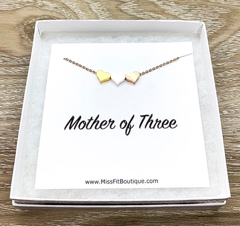 Mother of Three, 3 Hearts Necklace with Card, Gift Box, Mom, Mama