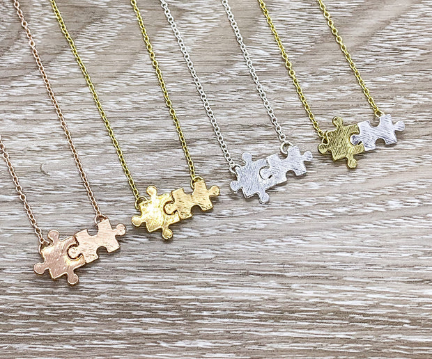 Autism Awareness Gift, Tiny Double Puzzle Necklace, Minimalist Jewelry, Dainty Jigsaw Puzzle Pendant, Mother Gift, Holiday Gift for Mom