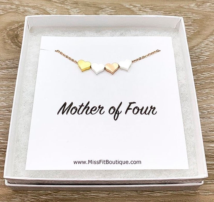 Mother of Four Gift, Tiny 4 Hearts Necklace Card, Mom Necklace, Gift for Mom, Gift for Mom Jewelry, Dainty Hearts Necklace, Gift from Kids