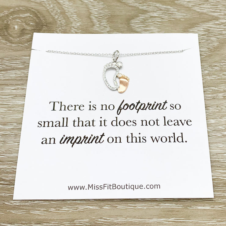 Sterling Silver, Mother Child Footprints Necklace with Card, Gift Box, Miscarriage, Baby Loss