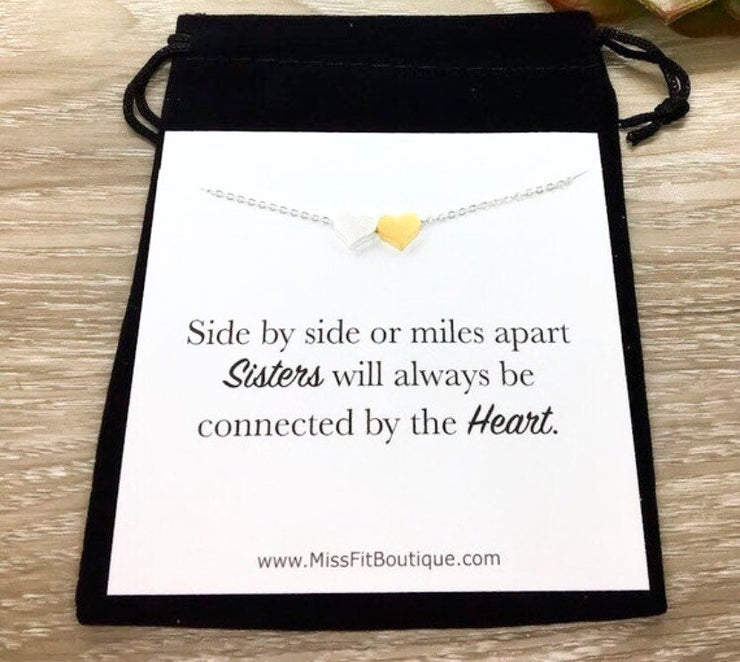 Sister Necklace, Dainty 2 Heart Necklace, Connected by the Heart Quote, Gift for Sister, Sorority Jewelry, Holiday Gift from Sister