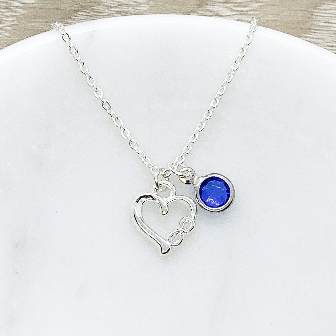 Aunt & Niece, Tiny Silver Infinity Heart Necklace with Card, Birthstone, Gift Box