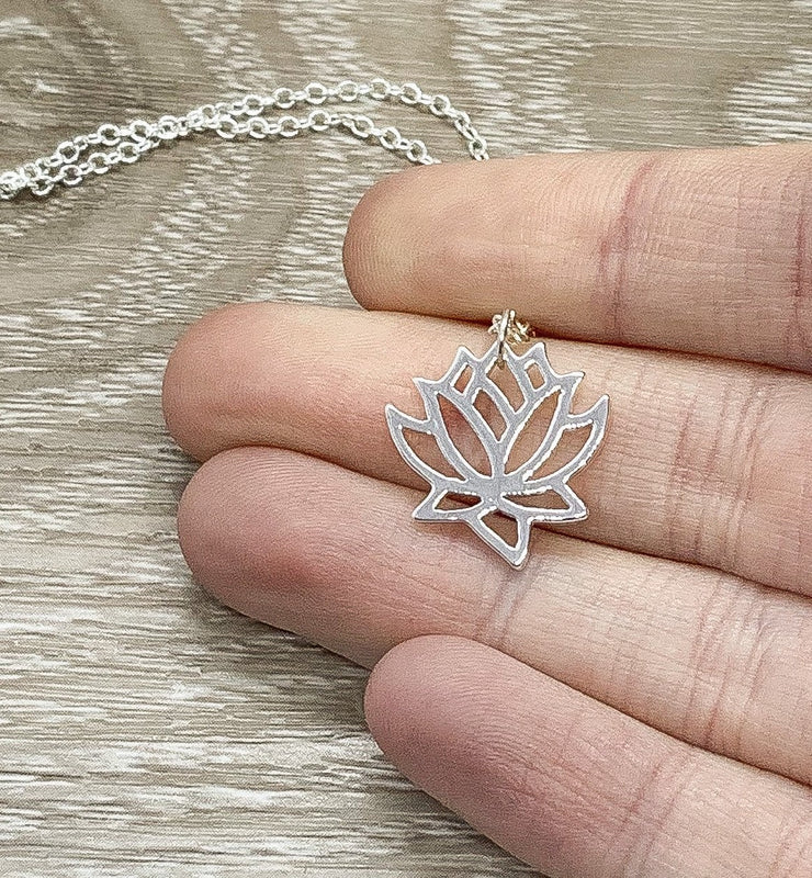 Silver Lotus Flower Necklace, Like a Lotus Flower Quote Card, Dainty Flower Necklace, Lotus Pendant, Yoga Jewelry, Inspirational Gift