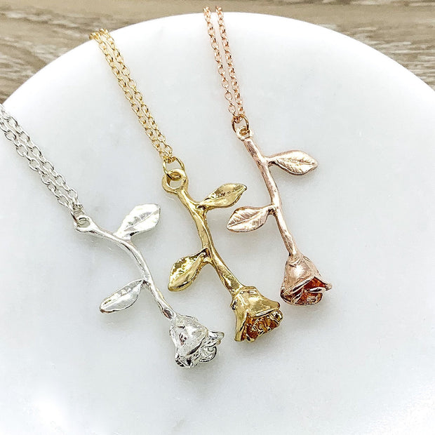 Dainty Rose Necklace, Rose Gold Flower Jewelry, Strength Necklace, Floral Jewelry, Nature Gifts, Gift from Friend, Meaningful Gift for Her