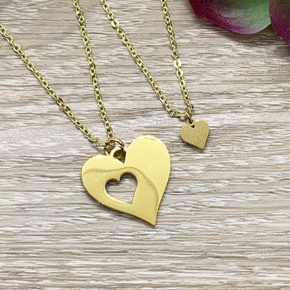Aunt and Niece, Hearts Necklace Set for 2 with Card, Gift Box, Gold, Silver