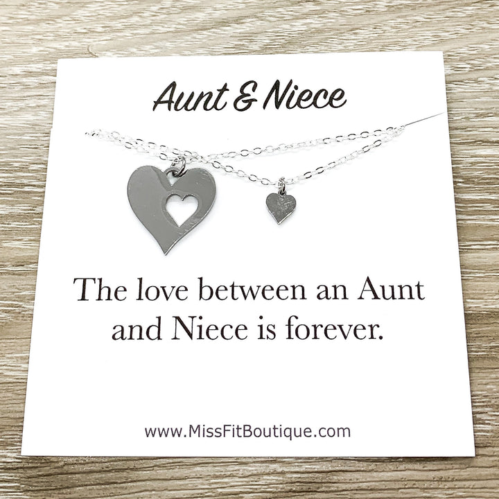 Aunt and Niece, Hearts Necklace Set for 2 with Card, Gift Box, Gold, Silver