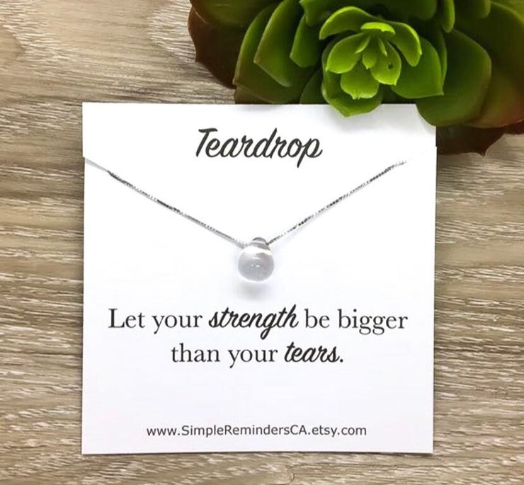 Clear Teardrop Necklace with Card, Inspirational, Sterling Silver