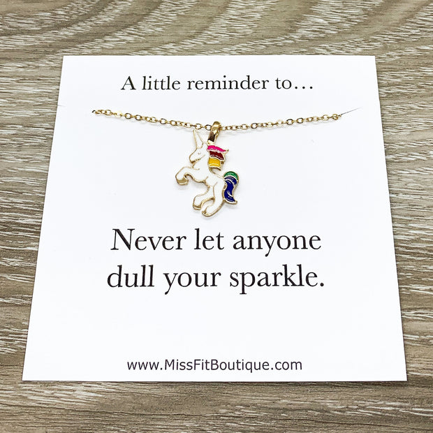 Rainbow Unicorn Necklace, Dull Your Sparkle Quote, Unicorn Jewelry, Unicorn Lover Gift, Unicorn Pendant, Teen Girl Gift, Birthday Gift