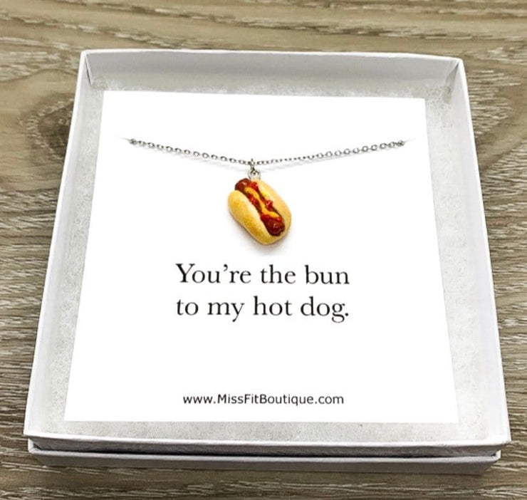 Tiny Hotdog Charm Necklace, You Are The Bun To My Hotdog Card, Miniature Food Necklace, Friendship Gift, Cute Friends Birthday, Funny Card