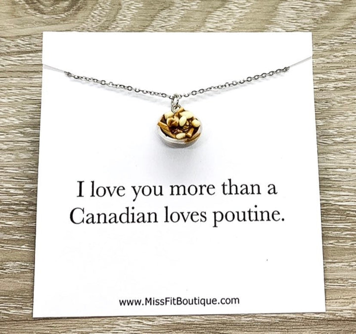 Collier pendentif poutine miniature, carte « Je t'aime plus qu'un Canadien n'aime la poutine », collier miniature gourmand, cadeau d'amitié, joli cadeau d'anniversaire