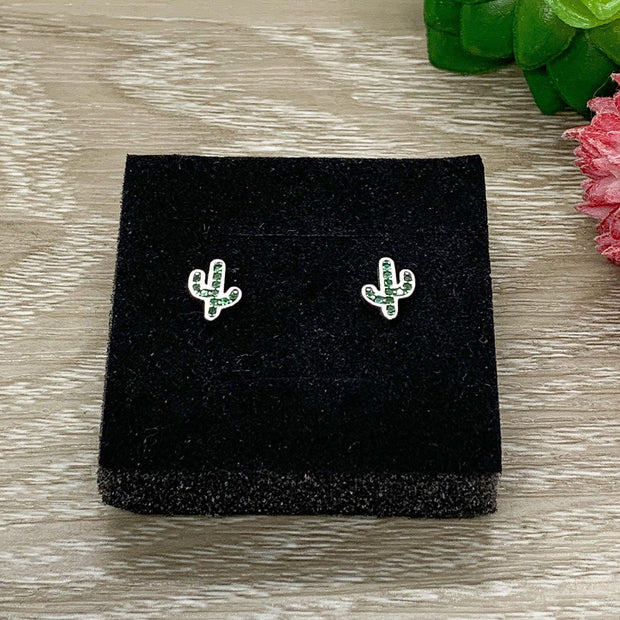 Green Cactus Stud Earrings, Sterling Silver Earrings, Cute Cacti Earrings, Dainty Christmas Gift, Desert Jewelry, Gift for Daughter